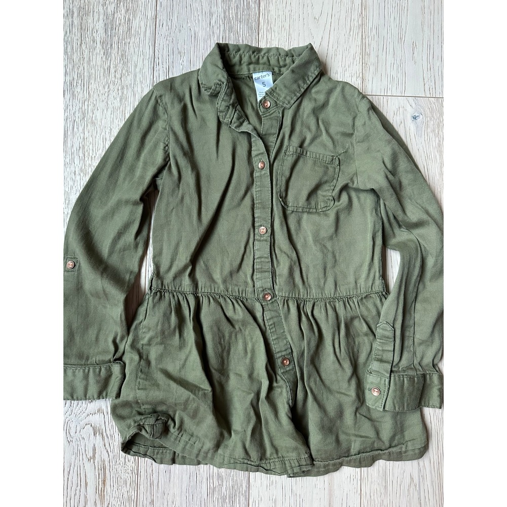 Carters Girls Size 5 Olive Green Long Sleeve Button Front Peplum Tunic Top